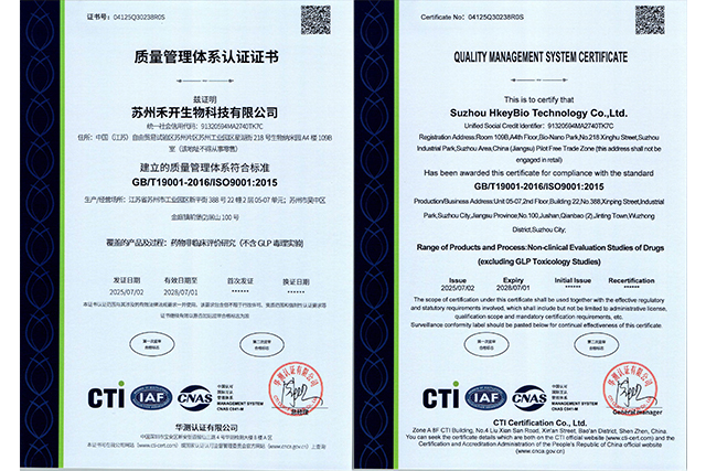 ISO 9001:2015-certifikat fr&aring;n Suzhou HkeyBio Technology Co., Ltd. — kvalitetsledningssystem f&ouml;r icke-kliniska l&auml;kemedelsutv&auml;rderingsstudier